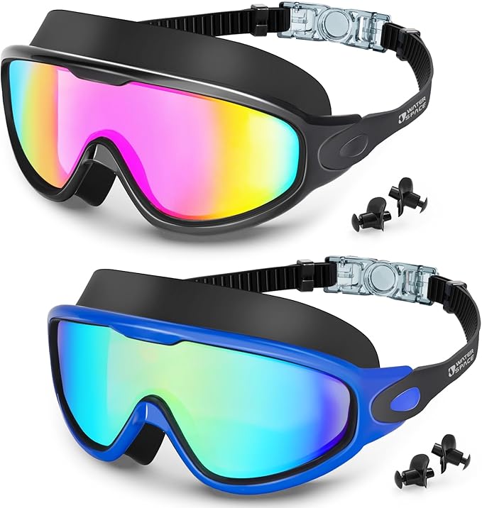 Swim Goggles 2 Pack for Adult Men Women, Anti-fog UV Protection No Leak 180° Wide View Clear Vision Pool Goggles
